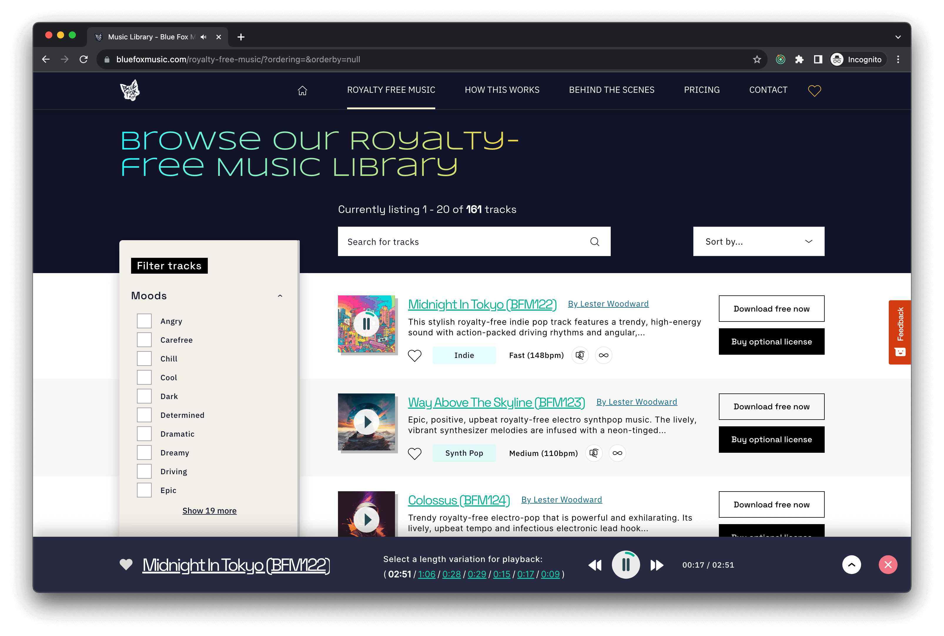 A screenshot of the Blue Fox Music audio library