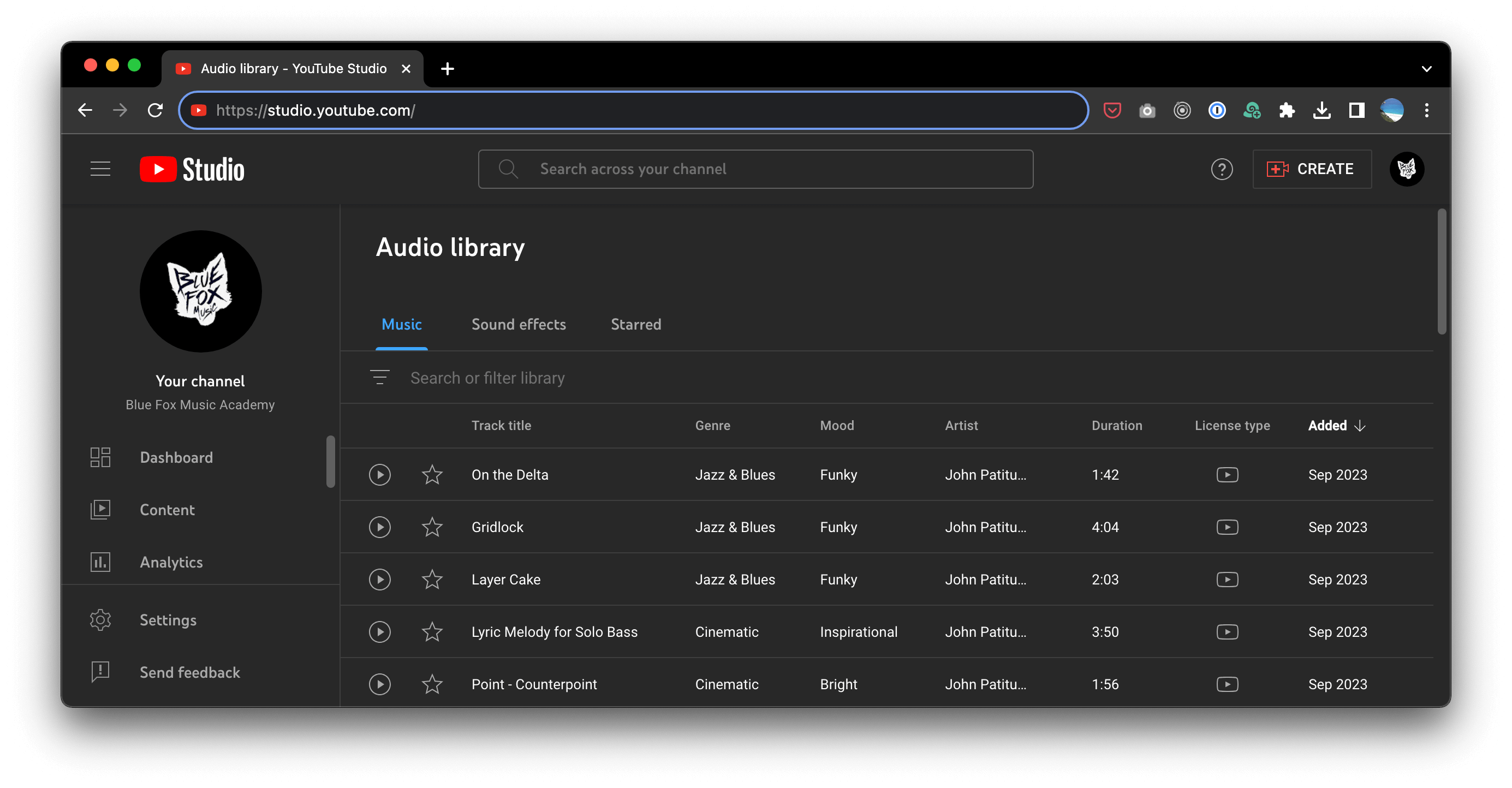 Screenshot of YouTube's Audio Library